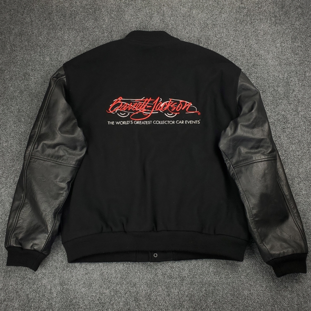 Barrett Jackson Wool Leather Varsity Jacket Mens 2XL Black Embroidered Quilted